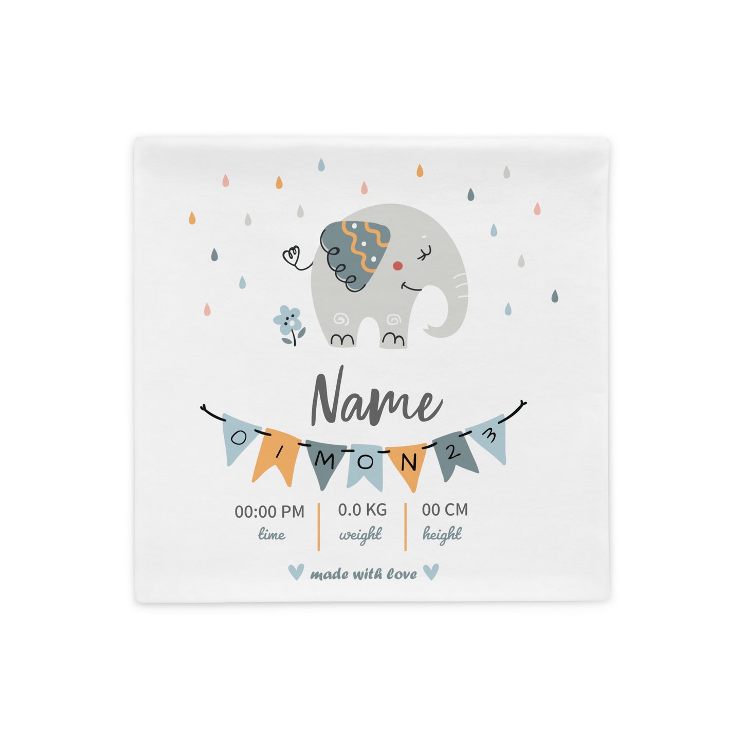 Personalized Birth Stats Pillow - Blue Elephant