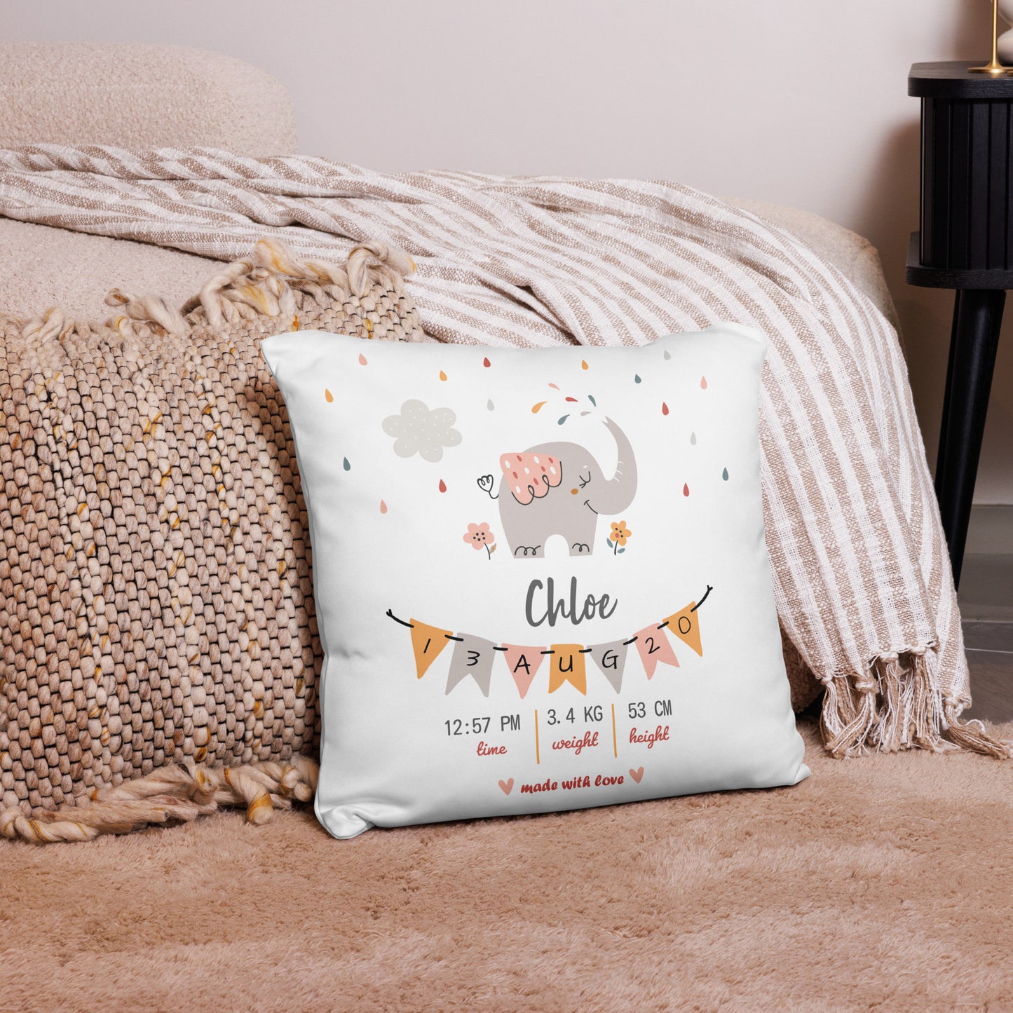 Personalized Birth Stats Pillow - Pink Elephant