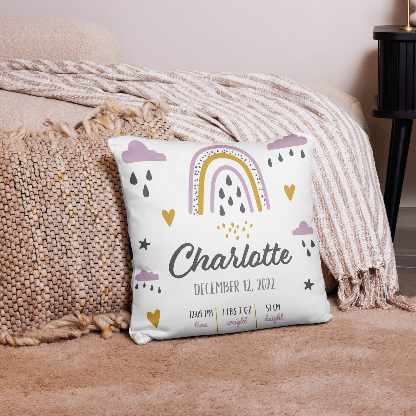 Personalized Birth Stats Pillow - Pink Rainbow