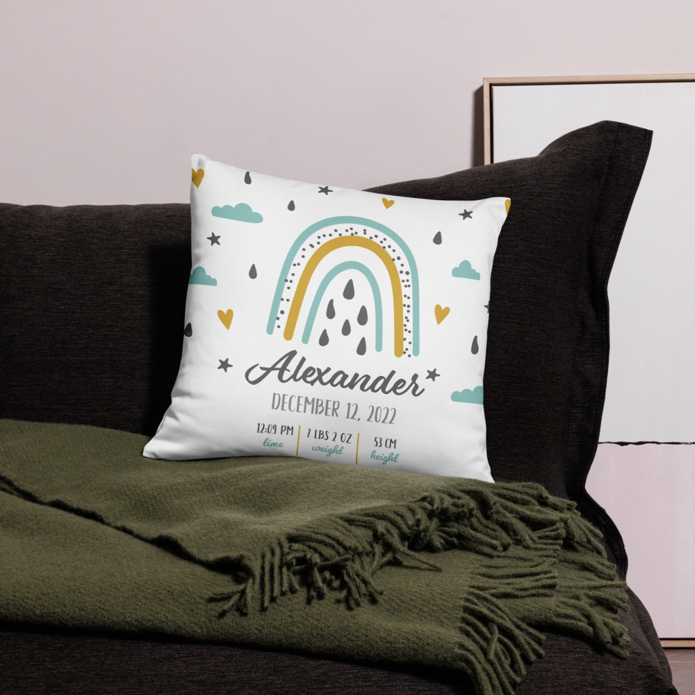 Personalized Birth Stats Pillow - Blue Rainbow